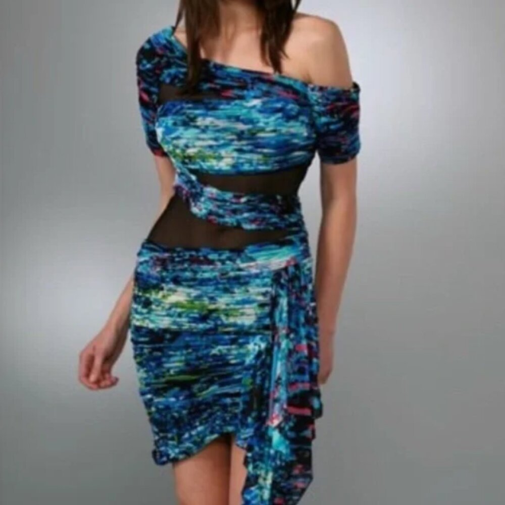 BCBG MAXAZRIA Runway Dress. Mesh Cutouts. Blue Abstract Bodycon. Size S.